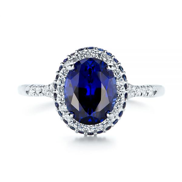 18k White Gold 18k White Gold Custom Blue Sapphire And Diamond Halo Engagement Ring - Top View -  103041