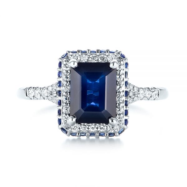 14k White Gold Custom Blue Sapphire And Diamond Halo Engagement Ring - Top View - 103457