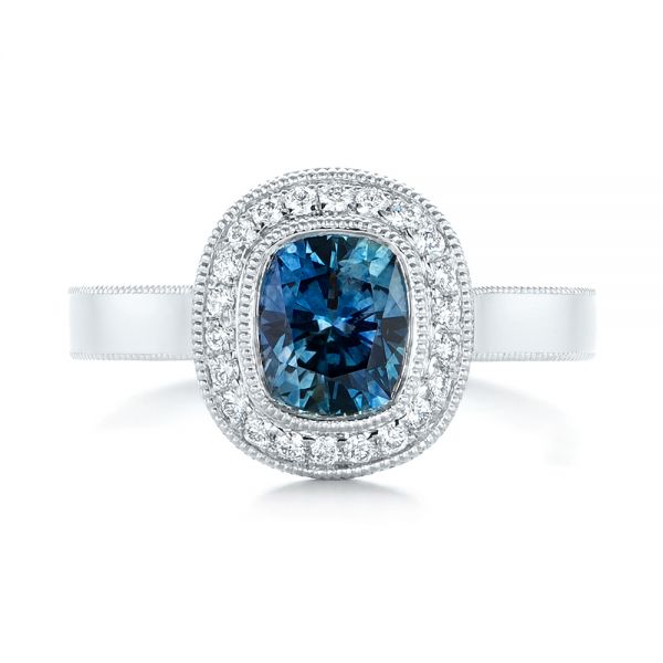  Platinum Custom Blue Sapphire And Diamond Halo Engagement Ring - Top View -  103467
