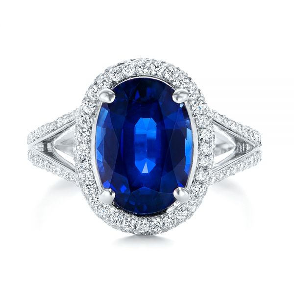 18k White Gold Custom Blue Sapphire And Diamond Halo Engagement Ring - Top View -  103601