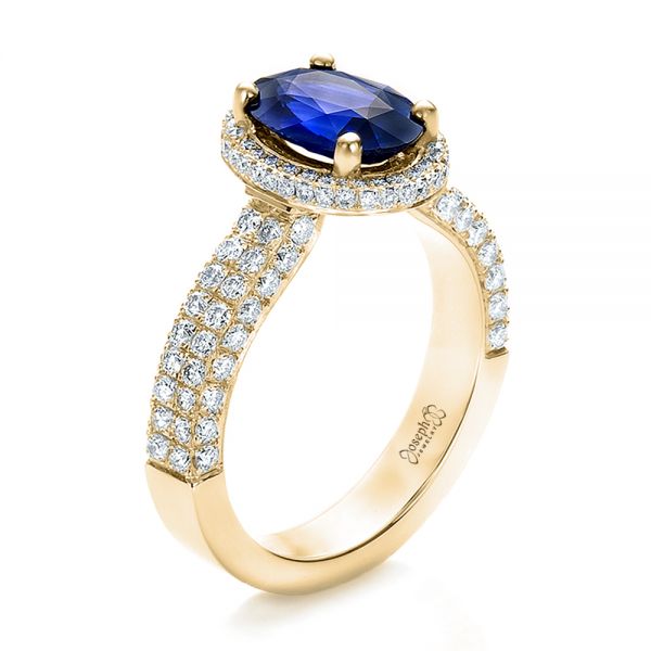 14k Yellow Gold 14k Yellow Gold Custom Blue Sapphire And Diamond Halo Engagement Ring - Three-Quarter View -  100605