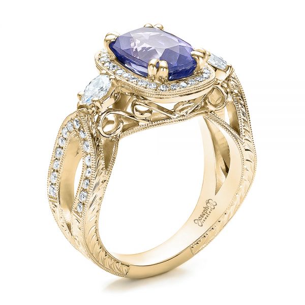 14k Yellow Gold 14k Yellow Gold Custom Blue Sapphire And Diamond Halo Engagement Ring - Three-Quarter View -  100783