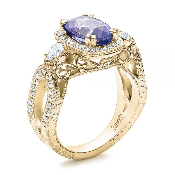 14k Yellow Gold 14k Yellow Gold Custom Blue Sapphire And Diamond Halo Engagement Ring - Three-Quarter View - 100783