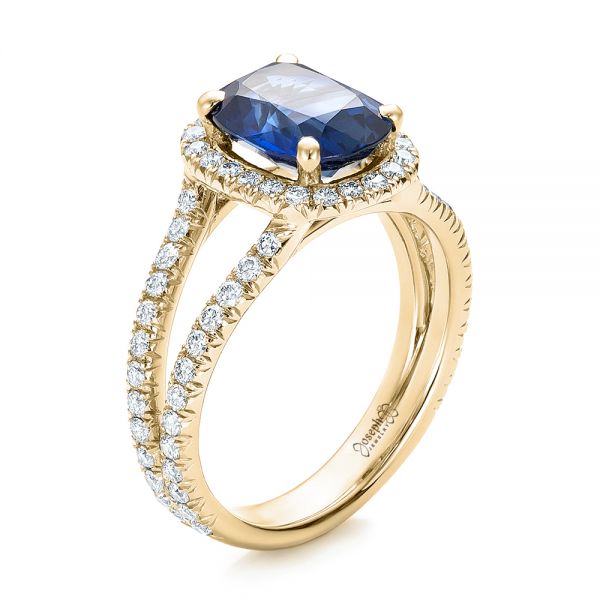 18k Yellow Gold 18k Yellow Gold Custom Blue Sapphire And Diamond Halo Engagement Ring - Three-Quarter View -  102018