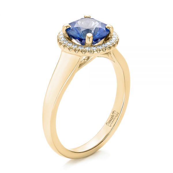 14k Yellow Gold 14k Yellow Gold Custom Blue Sapphire And Diamond Halo Engagement Ring - Three-Quarter View -  102028