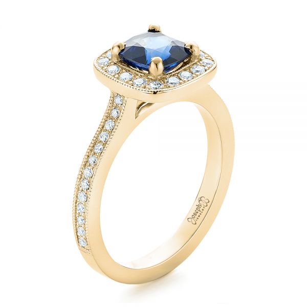 14k Yellow Gold 14k Yellow Gold Custom Blue Sapphire And Diamond Halo Engagement Ring - Three-Quarter View - 102311