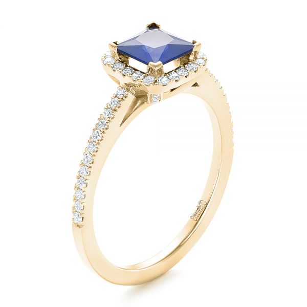 18k Yellow Gold 18k Yellow Gold Custom Blue Sapphire And Diamond Halo Engagement Ring - Three-Quarter View -  102485