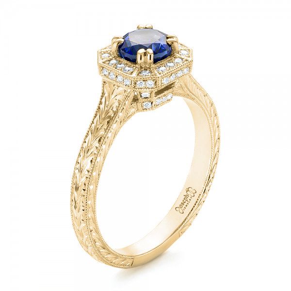 18k Yellow Gold 18k Yellow Gold Custom Blue Sapphire And Diamond Halo Engagement Ring - Three-Quarter View -  103006