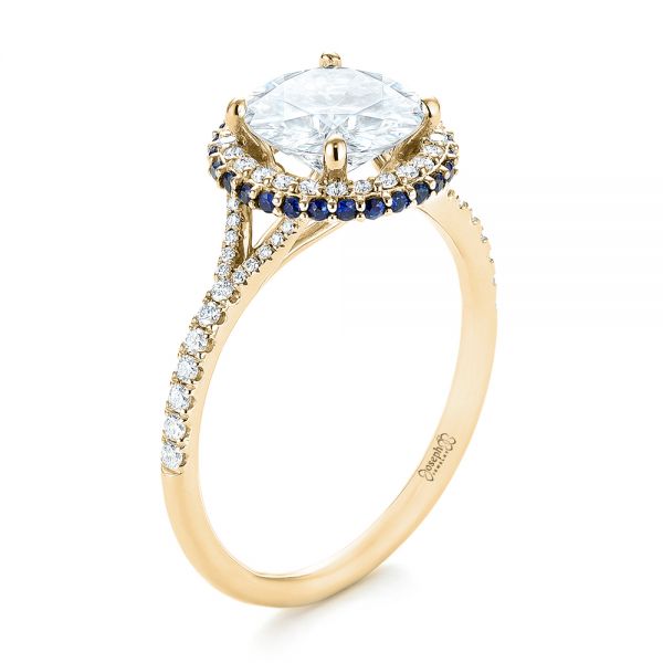 18k Yellow Gold 18k Yellow Gold Custom Blue Sapphire And Diamond Halo Engagement Ring - Three-Quarter View -  103474
