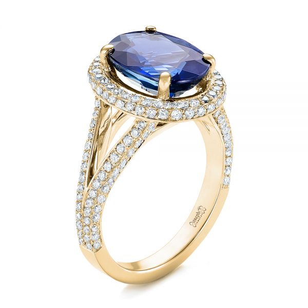 14k Yellow Gold 14k Yellow Gold Custom Blue Sapphire And Diamond Halo Engagement Ring - Three-Quarter View -  103601