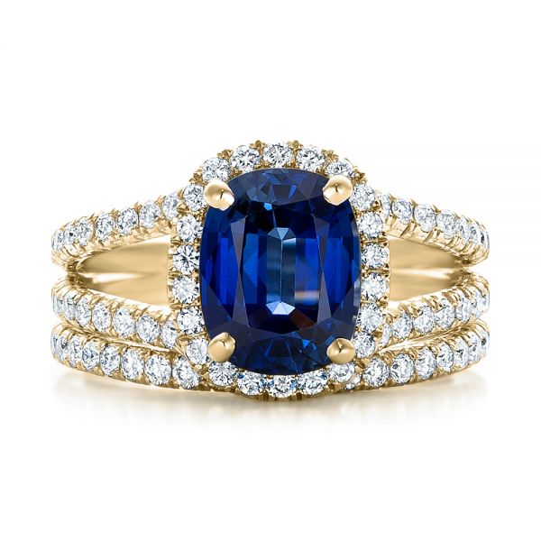 18k Yellow Gold 18k Yellow Gold Custom Blue Sapphire And Diamond Halo Engagement Ring - Three-Quarter View -  102018