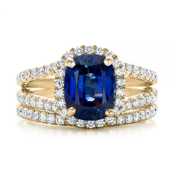 14k Yellow Gold 14k Yellow Gold Custom Blue Sapphire And Diamond Halo Engagement Ring - Three-Quarter View - 102018