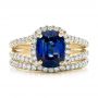 14k Yellow Gold 14k Yellow Gold Custom Blue Sapphire And Diamond Halo Engagement Ring - Three-Quarter View -  102018 - Thumbnail