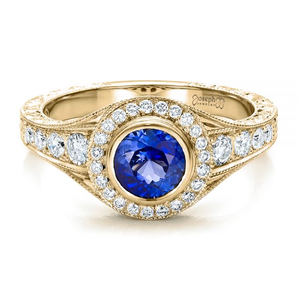 18k Yellow Gold 18k Yellow Gold Custom Blue Sapphire And Diamond Halo Engagement Ring - Flat View -  100268