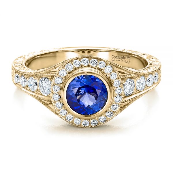14k Yellow Gold 14k Yellow Gold Custom Blue Sapphire And Diamond Halo Engagement Ring - Flat View - 100268