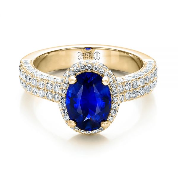 18k Yellow Gold 18k Yellow Gold Custom Blue Sapphire And Diamond Halo Engagement Ring - Flat View -  100605