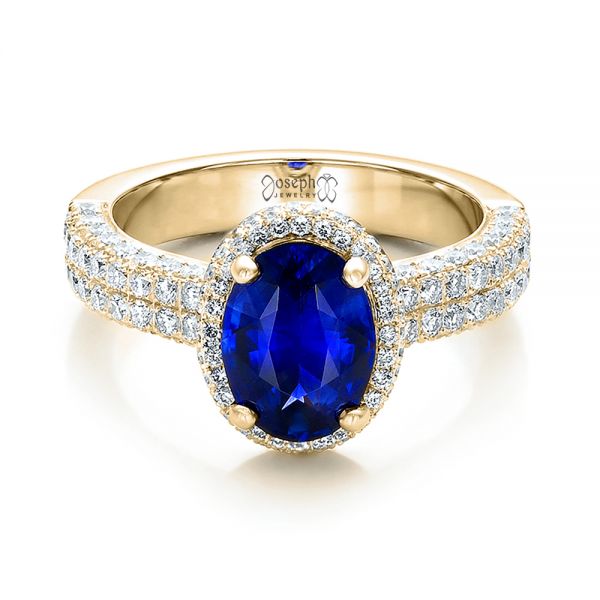 14k Yellow Gold 14k Yellow Gold Custom Blue Sapphire And Diamond Halo Engagement Ring - Flat View - 100605