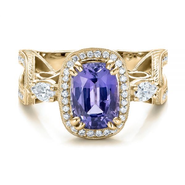 18k Yellow Gold 18k Yellow Gold Custom Blue Sapphire And Diamond Halo Engagement Ring - Flat View -  100783