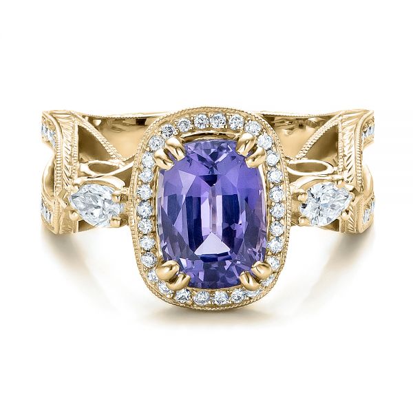 14k Yellow Gold 14k Yellow Gold Custom Blue Sapphire And Diamond Halo Engagement Ring - Flat View - 100783
