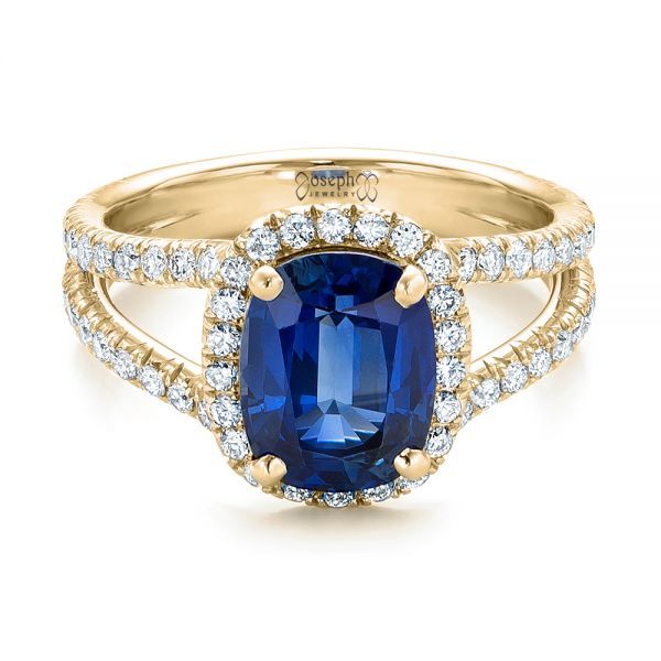 14k Yellow Gold 14k Yellow Gold Custom Blue Sapphire And Diamond Halo Engagement Ring - Flat View -  102018