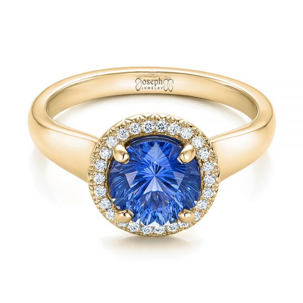 14k Yellow Gold 14k Yellow Gold Custom Blue Sapphire And Diamond Halo Engagement Ring - Flat View -  102028