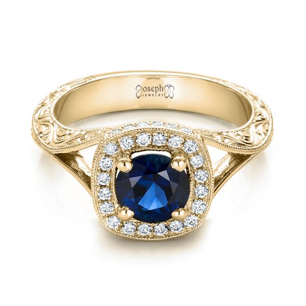 14k Yellow Gold 14k Yellow Gold Custom Blue Sapphire And Diamond Halo Engagement Ring - Flat View -  102153