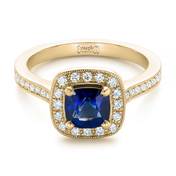 18k Yellow Gold 18k Yellow Gold Custom Blue Sapphire And Diamond Halo Engagement Ring - Flat View -  102311