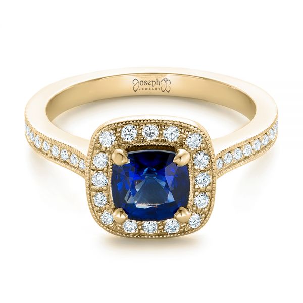 14k Yellow Gold 14k Yellow Gold Custom Blue Sapphire And Diamond Halo Engagement Ring - Flat View - 102311
