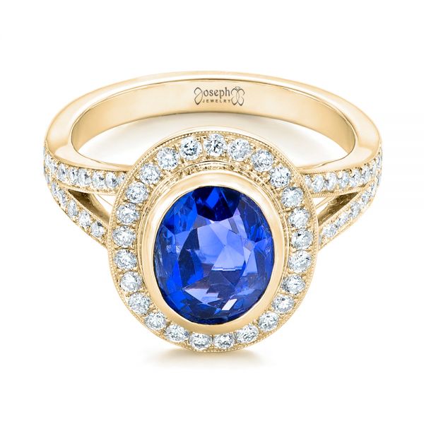 14k Yellow Gold 14k Yellow Gold Custom Blue Sapphire And Diamond Halo Engagement Ring - Flat View -  102444