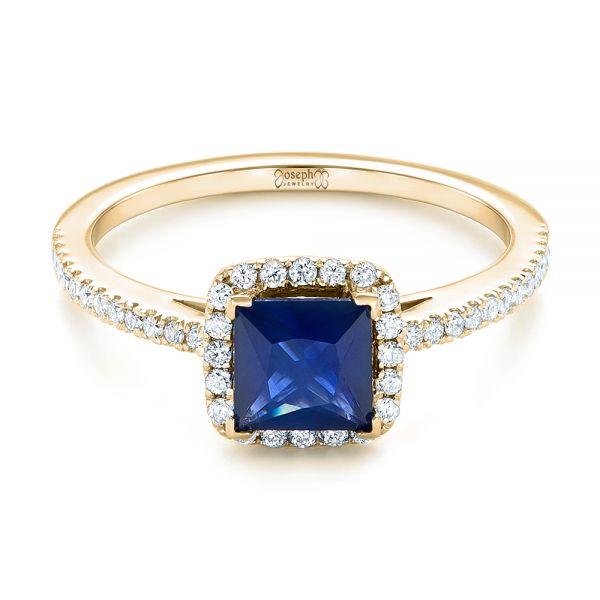 18k Yellow Gold 18k Yellow Gold Custom Blue Sapphire And Diamond Halo Engagement Ring - Flat View -  102485