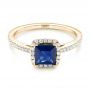 18k Yellow Gold 18k Yellow Gold Custom Blue Sapphire And Diamond Halo Engagement Ring - Flat View -  102485 - Thumbnail
