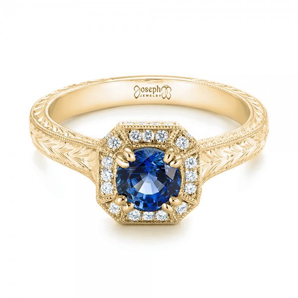 18k Yellow Gold 18k Yellow Gold Custom Blue Sapphire And Diamond Halo Engagement Ring - Flat View -  103006