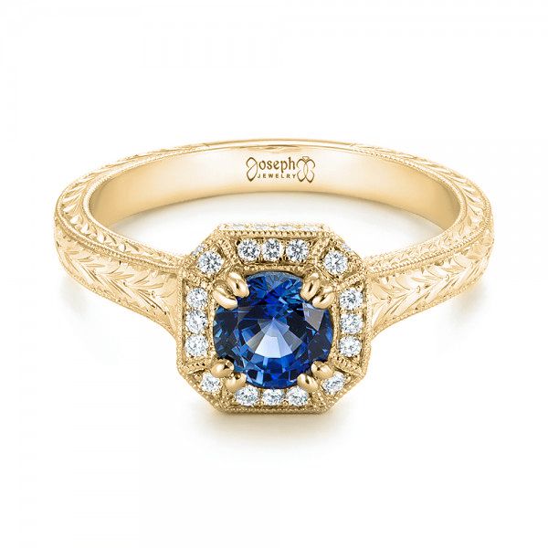 14k Yellow Gold 14k Yellow Gold Custom Blue Sapphire And Diamond Halo Engagement Ring - Flat View - 103006