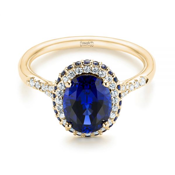 14k Yellow Gold 14k Yellow Gold Custom Blue Sapphire And Diamond Halo Engagement Ring - Flat View -  103041