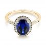 18k Yellow Gold 18k Yellow Gold Custom Blue Sapphire And Diamond Halo Engagement Ring - Flat View -  103041 - Thumbnail