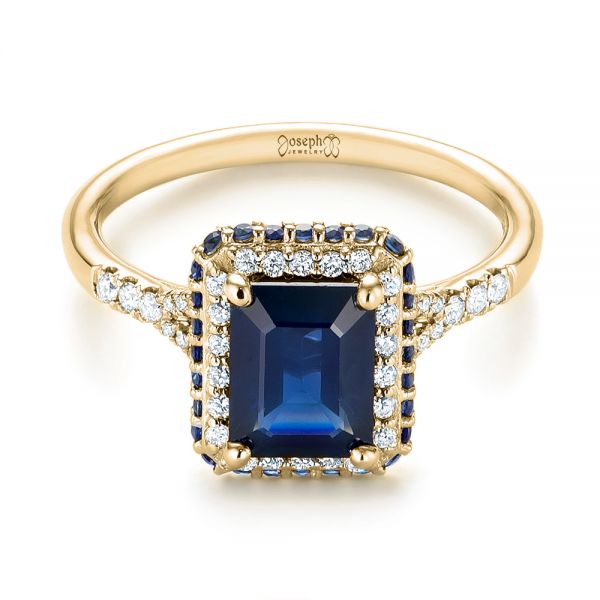 18k Yellow Gold 18k Yellow Gold Custom Blue Sapphire And Diamond Halo Engagement Ring - Flat View -  103457