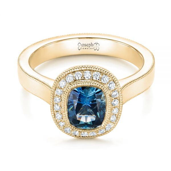 18k Yellow Gold 18k Yellow Gold Custom Blue Sapphire And Diamond Halo Engagement Ring - Flat View -  103467