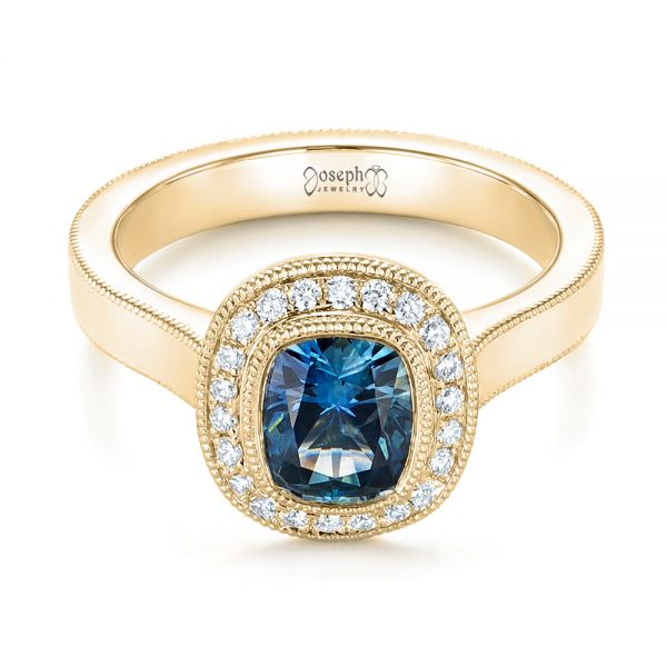 18k Yellow Gold 18k Yellow Gold Custom Blue Sapphire And Diamond Halo Engagement Ring - Flat View - 103467