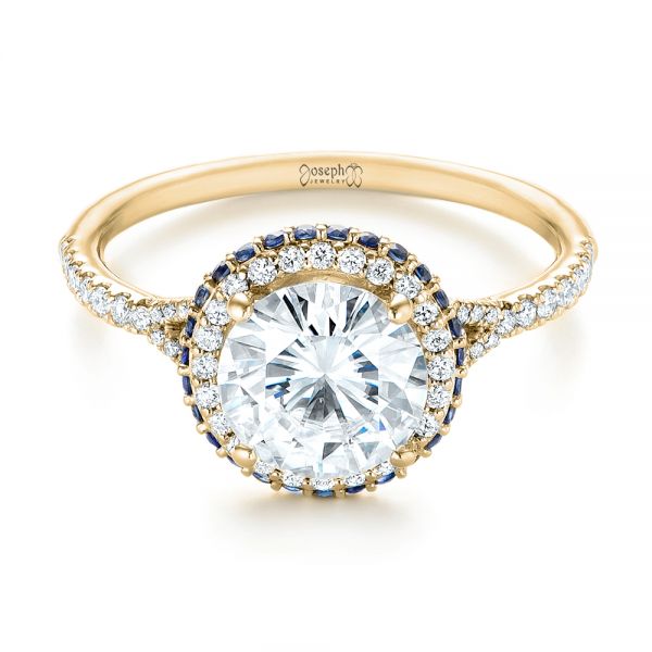 14k Yellow Gold 14k Yellow Gold Custom Blue Sapphire And Diamond Halo Engagement Ring - Flat View - 103474