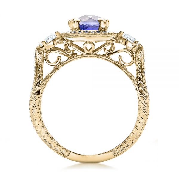 18k Yellow Gold 18k Yellow Gold Custom Blue Sapphire And Diamond Halo Engagement Ring - Front View -  100783