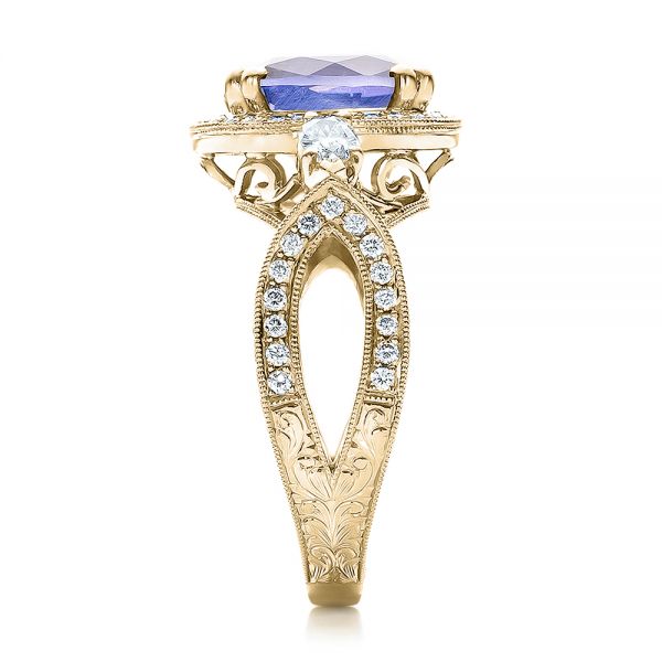 18k Yellow Gold 18k Yellow Gold Custom Blue Sapphire And Diamond Halo Engagement Ring - Side View -  100783