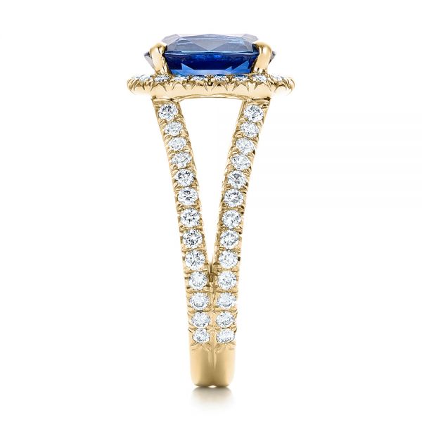 18k Yellow Gold 18k Yellow Gold Custom Blue Sapphire And Diamond Halo Engagement Ring - Side View -  102018