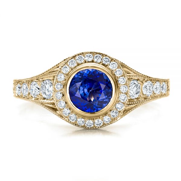 18k Yellow Gold 18k Yellow Gold Custom Blue Sapphire And Diamond Halo Engagement Ring - Top View -  100268