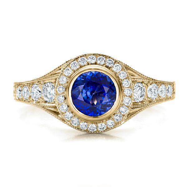 14k Yellow Gold 14k Yellow Gold Custom Blue Sapphire And Diamond Halo Engagement Ring - Top View - 100268