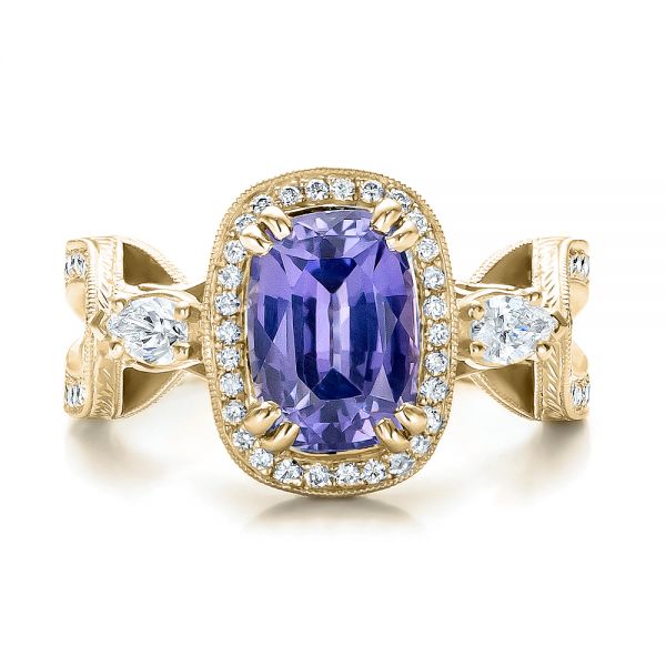14k Yellow Gold 14k Yellow Gold Custom Blue Sapphire And Diamond Halo Engagement Ring - Top View - 100783