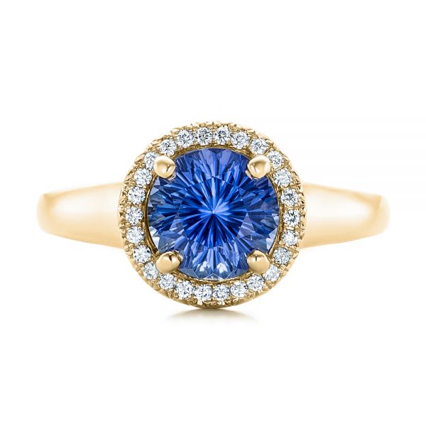 14k Yellow Gold 14k Yellow Gold Custom Blue Sapphire And Diamond Halo Engagement Ring - Top View - 102028