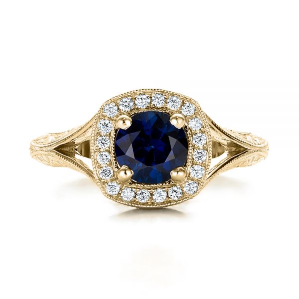 14k Yellow Gold 14k Yellow Gold Custom Blue Sapphire And Diamond Halo Engagement Ring - Top View - 102153