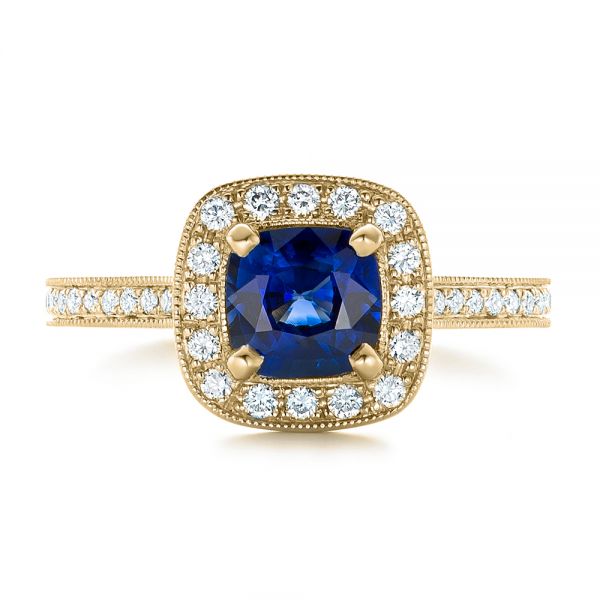 14k Yellow Gold 14k Yellow Gold Custom Blue Sapphire And Diamond Halo Engagement Ring - Top View - 102311