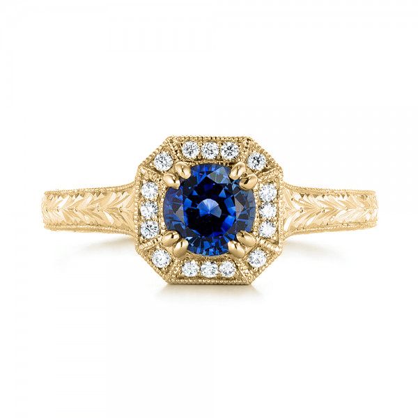 18k Yellow Gold 18k Yellow Gold Custom Blue Sapphire And Diamond Halo Engagement Ring - Top View -  103006