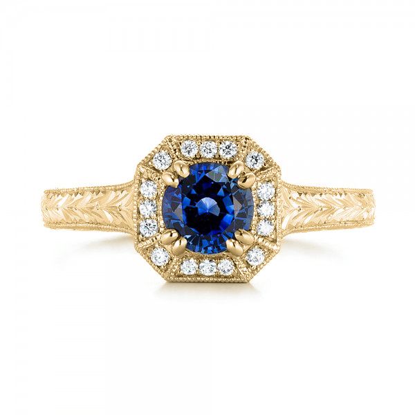 14k Yellow Gold 14k Yellow Gold Custom Blue Sapphire And Diamond Halo Engagement Ring - Top View - 103006